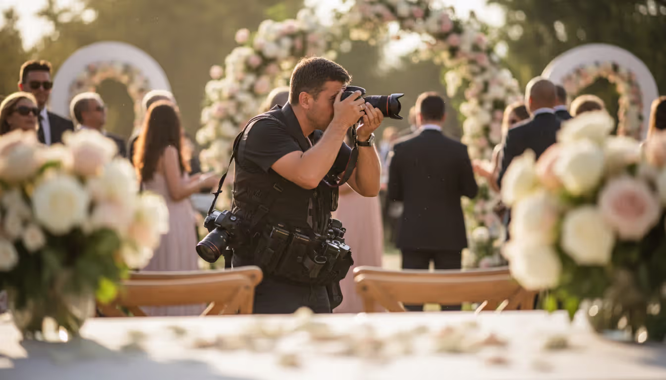Male photographer working at outdoor wedding ceremony with camera and lens vest among guests with floral arch and golden hour lighting