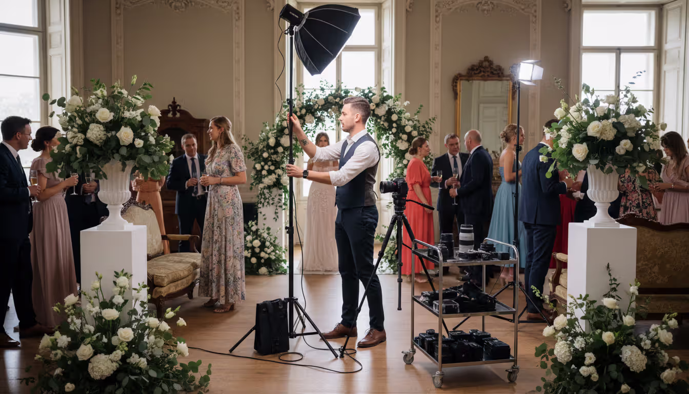 Event photographer setting up lighting equipment at a wedding ceremony in a historic mansion venue with guests around