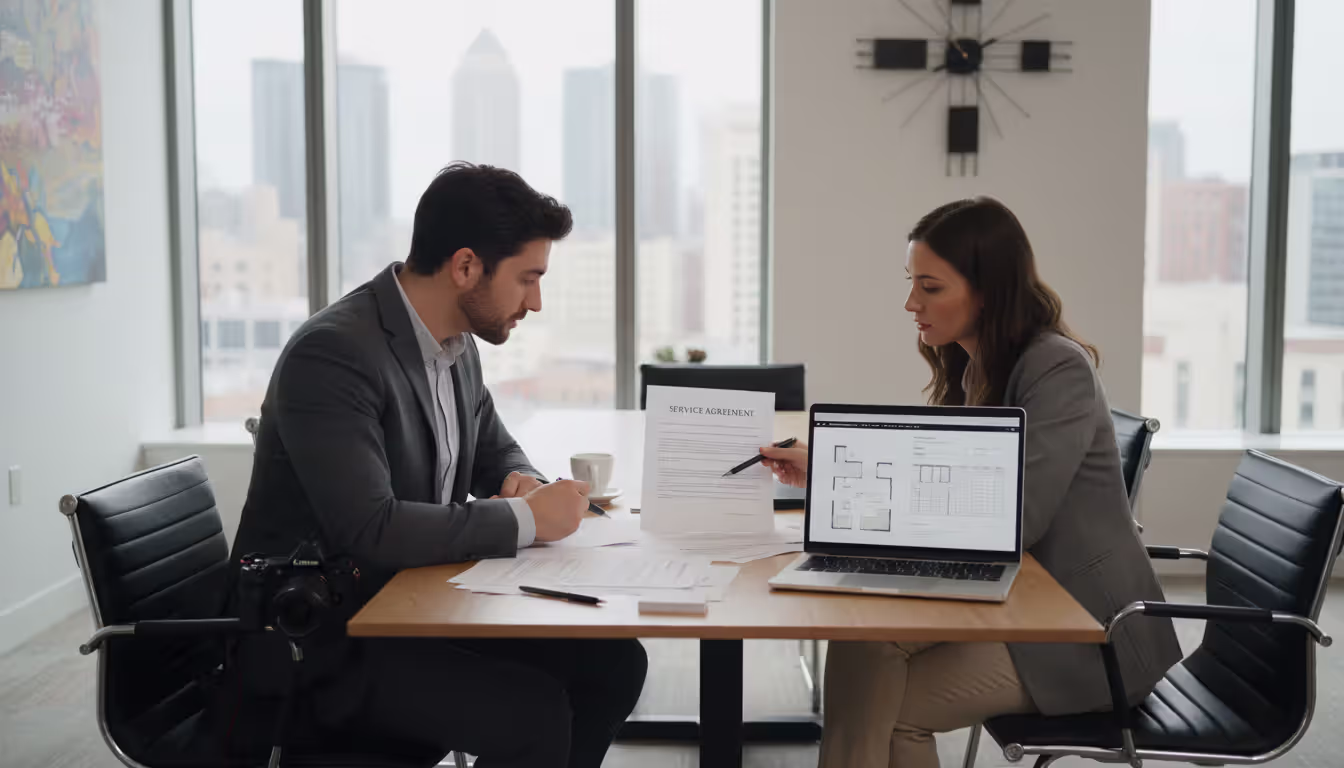 Photographer and venue manager reviewing insurance documents and contract terms at a business meeting