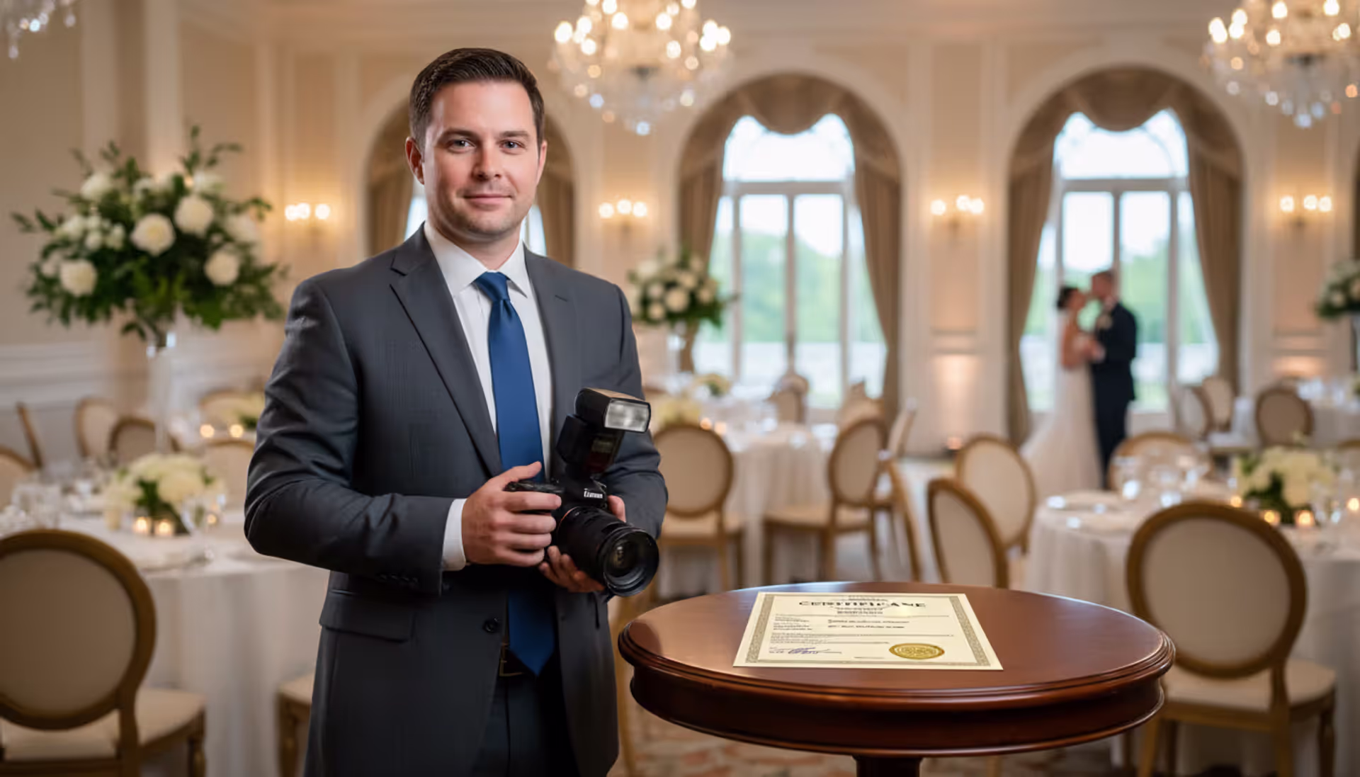 Professional photographer holding a camera in an elegant banquet hall with an insurance certificate document on a table nearby