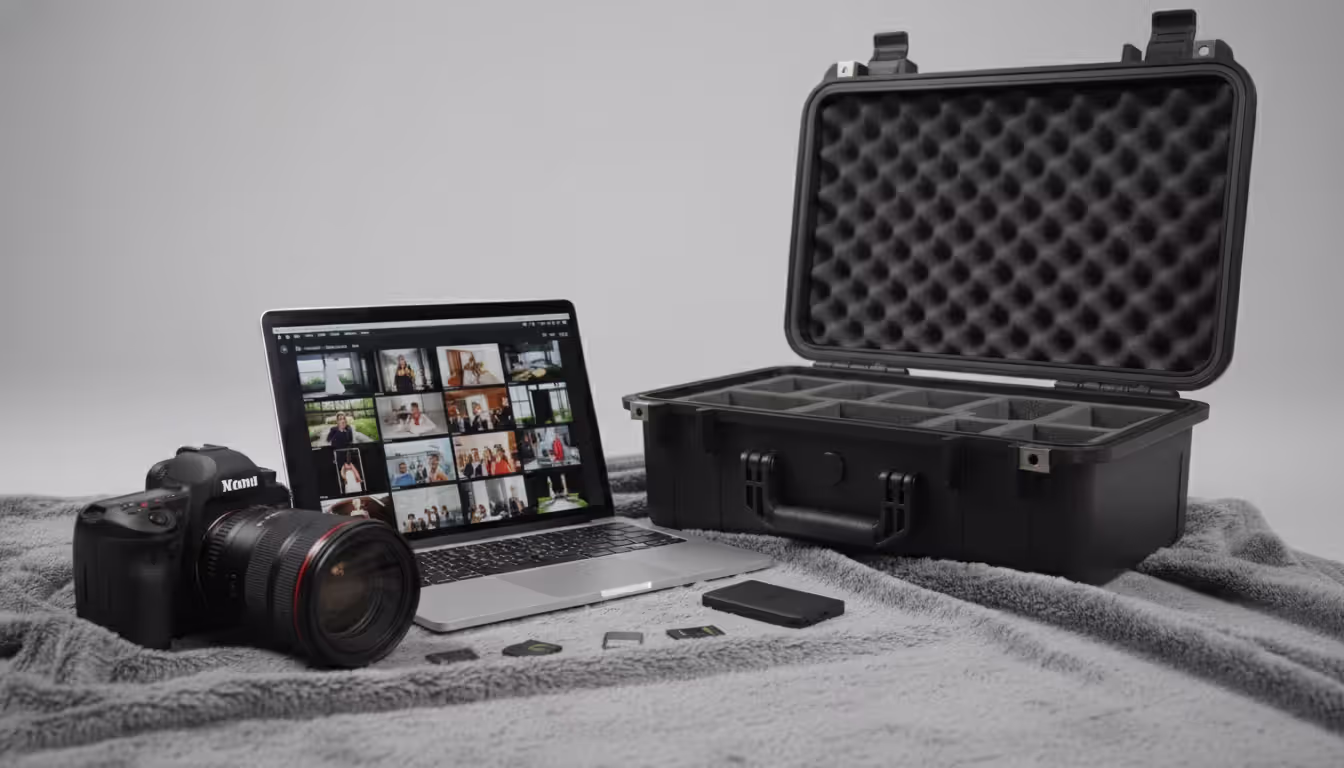 Professional camera with lens, laptop, external hard drive and memory cards on a desk next to an open protective equipment case