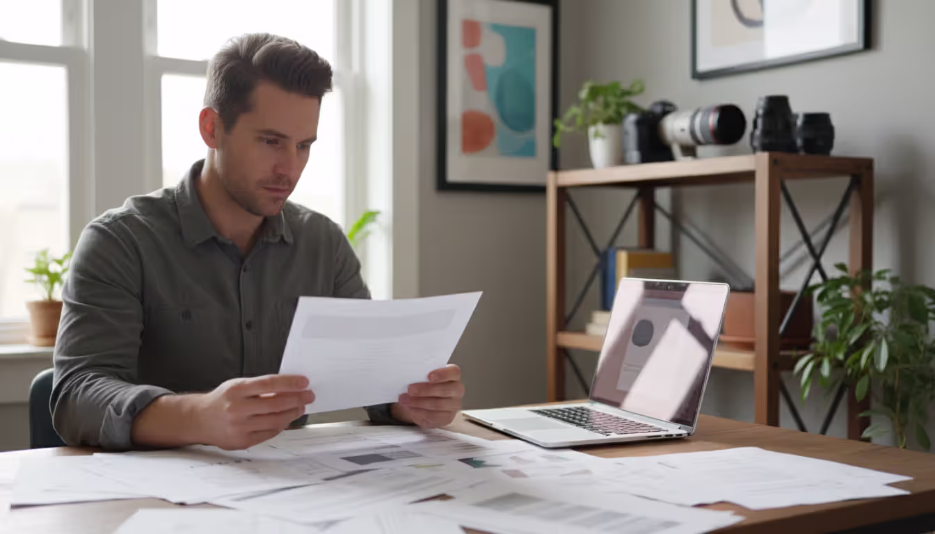 Photographer sitting at home office desk reviewing insurance policy documents with laptop open and camera equipment on shelf in background
