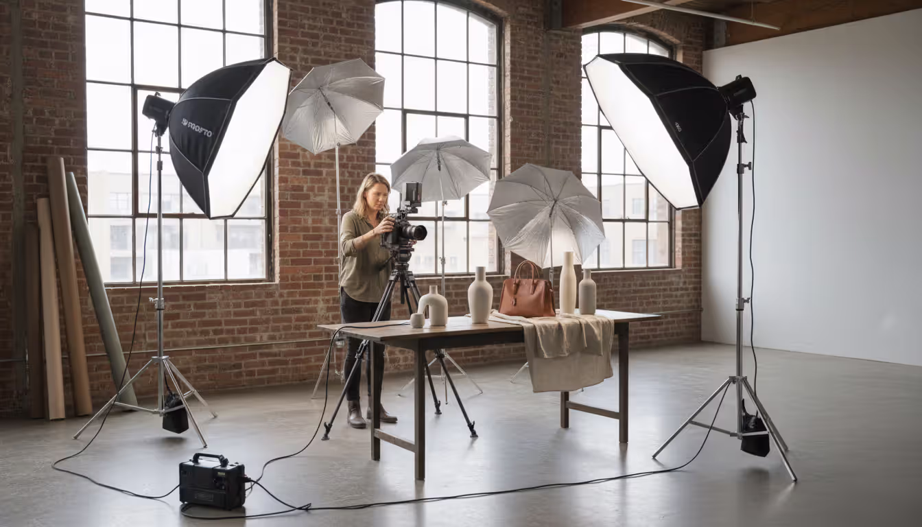 Photographer conducting commercial photo shoot in a bright loft interior with camera on tripod, softboxes and reflectors around the set