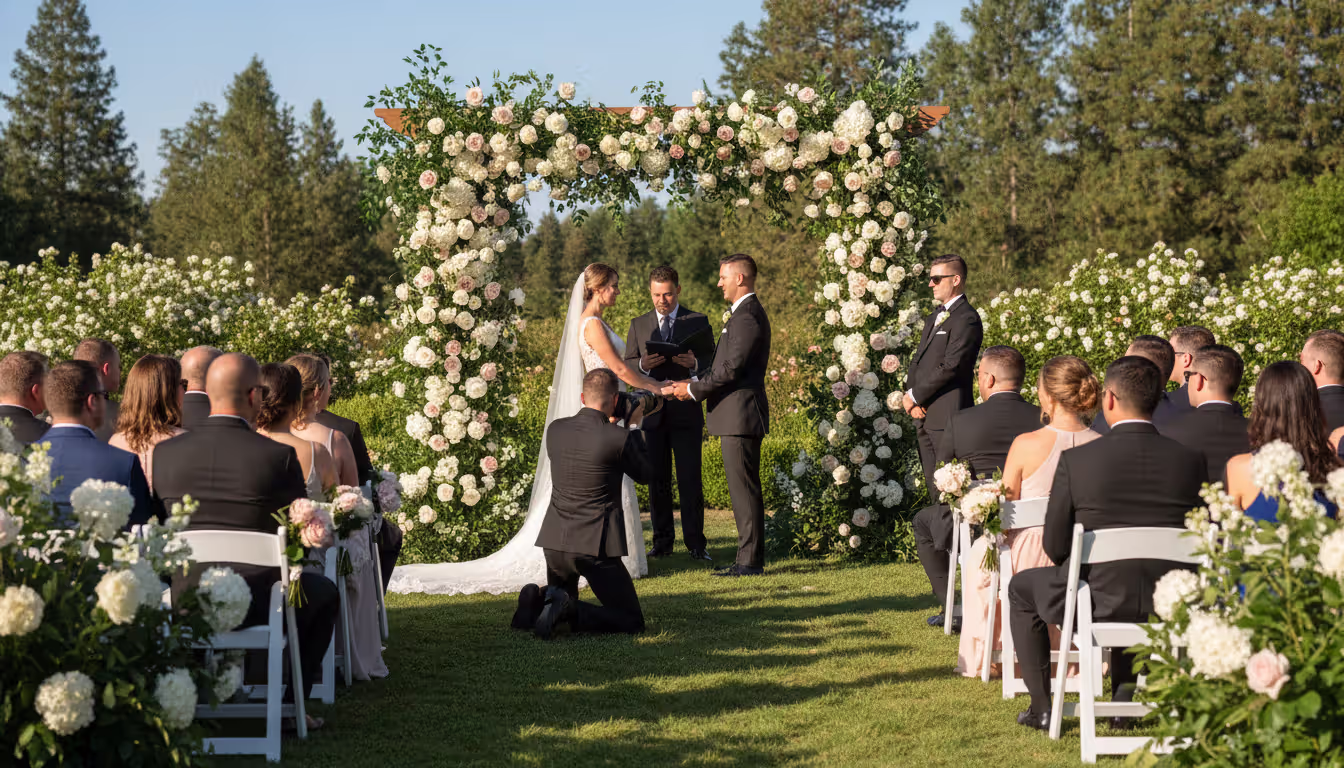 Wedding photographer kneeling and taking photos of a bride and groom during an outdoor ceremony with floral arch and seated guests in the background