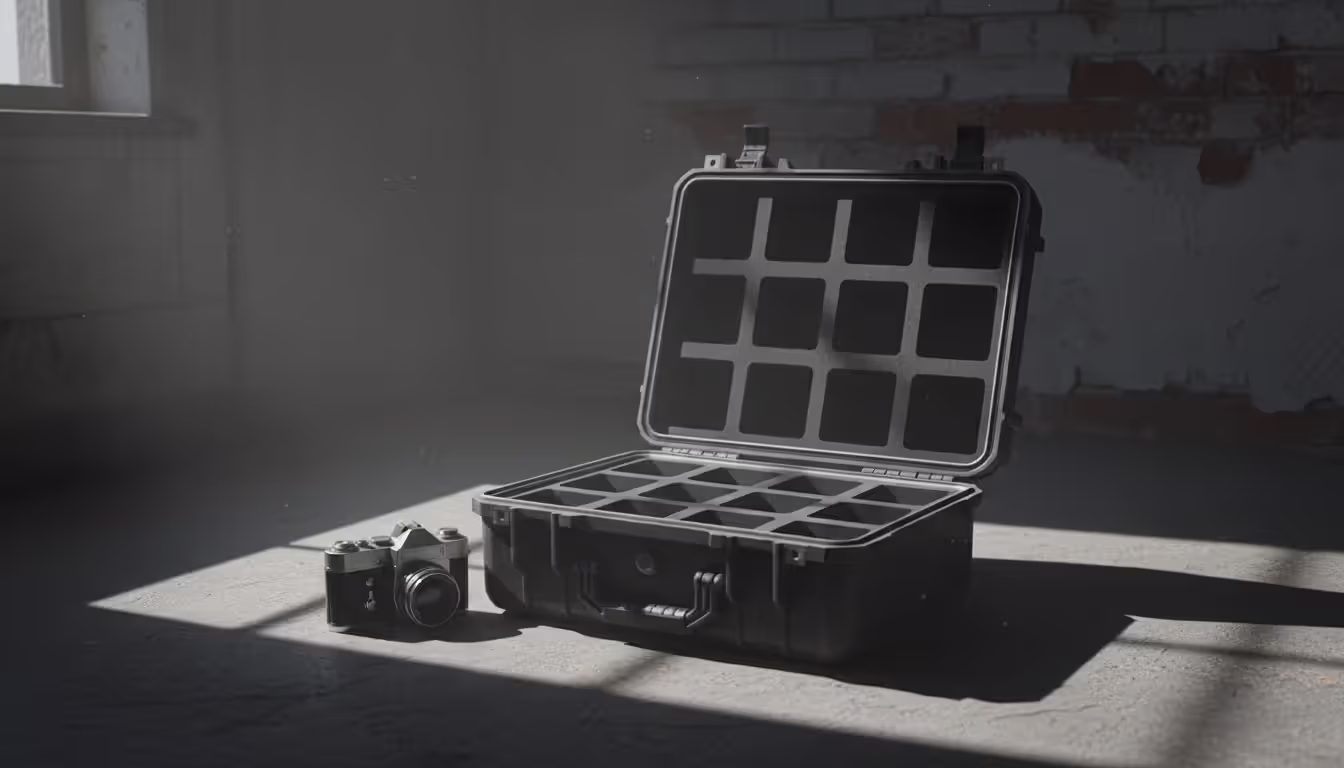 Open hard equipment case with mostly empty compartments and a single camera lying beside it on the floor in a dimly lit room symbolizing equipment loss or theft
