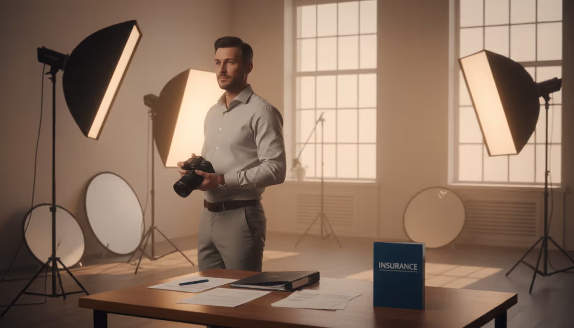 Professional photographer standing in a bright studio holding a camera with insurance documents and lighting equipment in the background