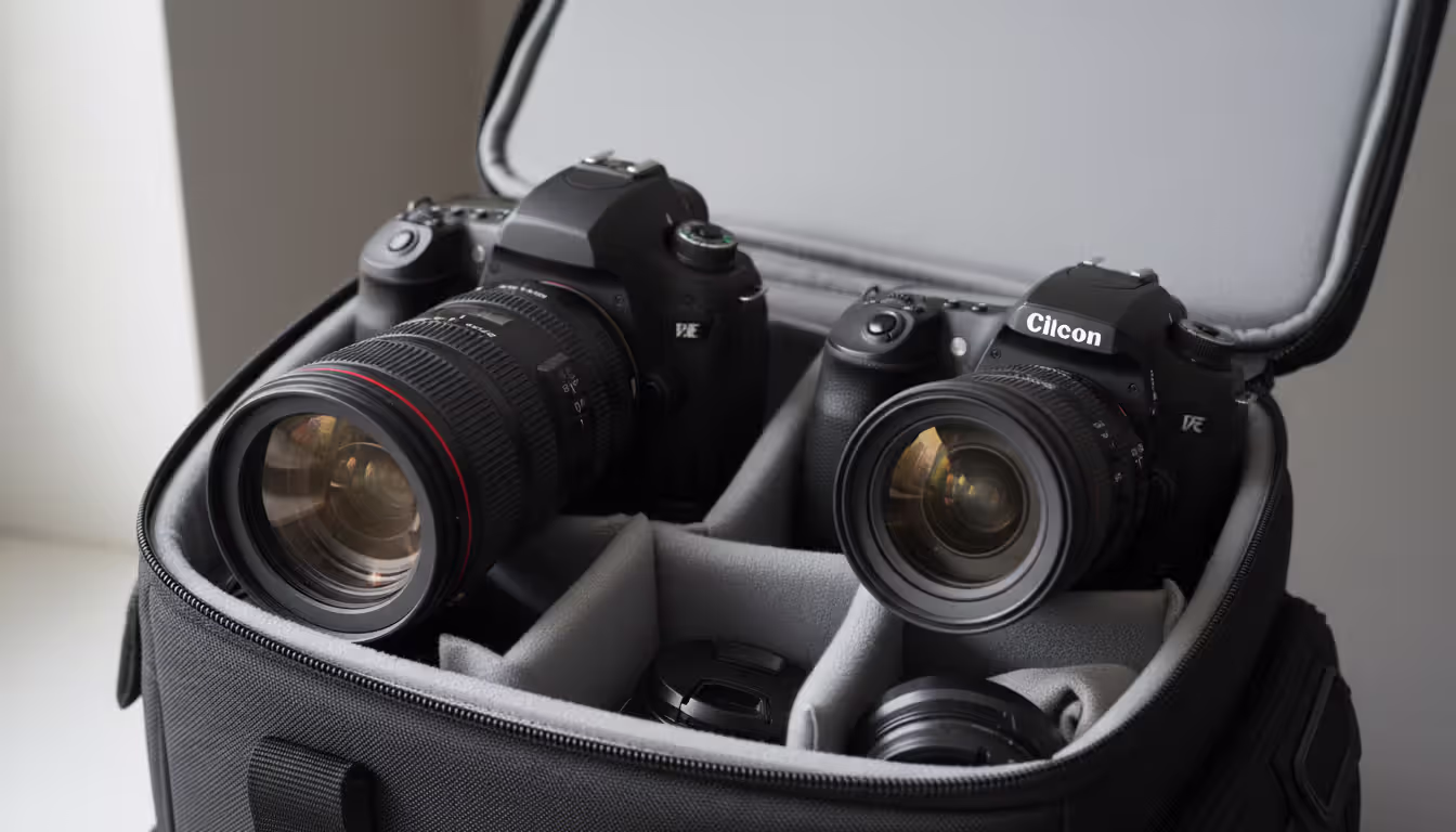 Close-up of two professional DSLR cameras with different lenses stored securely inside a padded camera bag with foam dividers