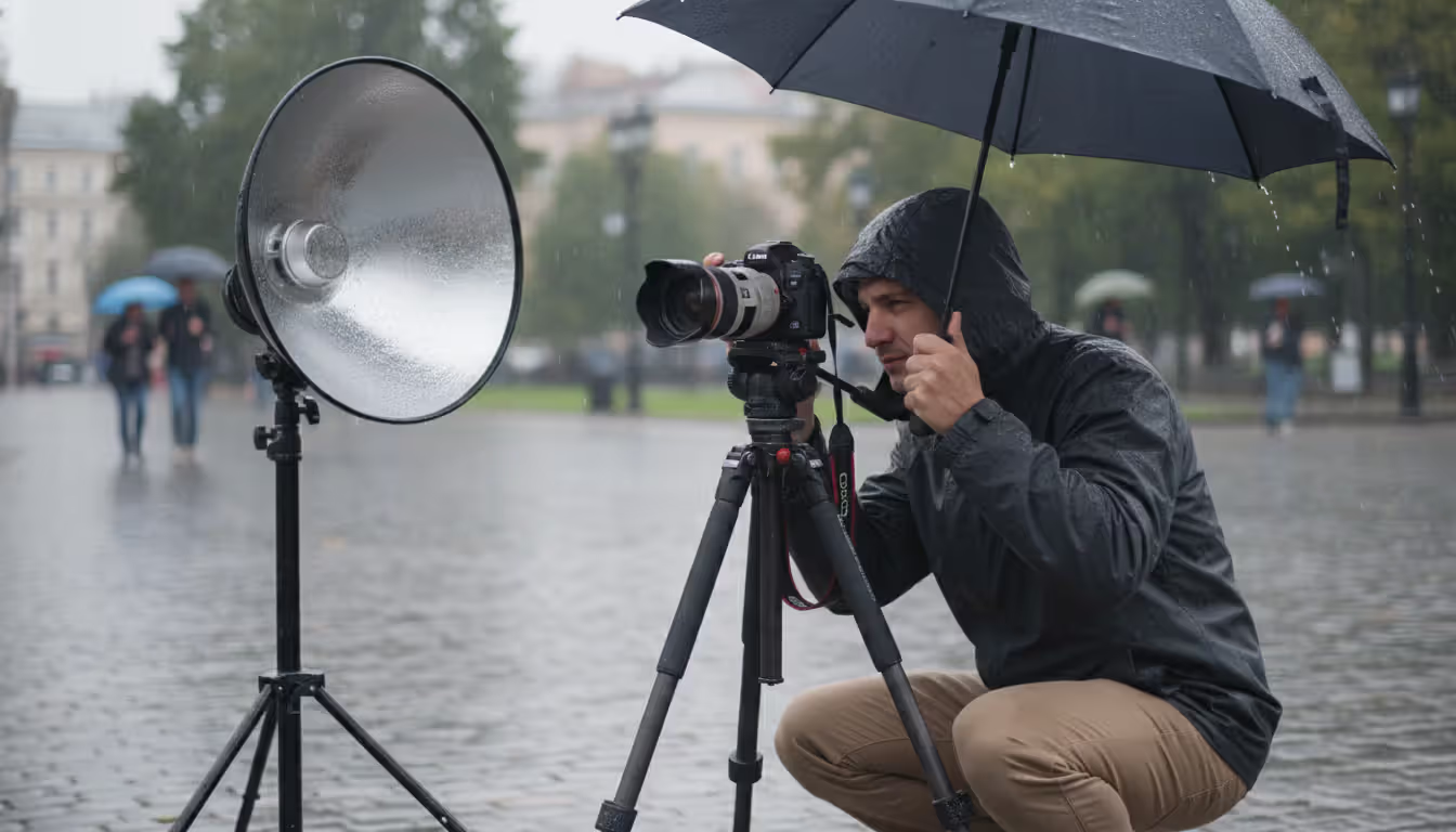 Photographer shooting on location outdoors in light rain with camera on tripod and reflector, water droplets visible on equipment