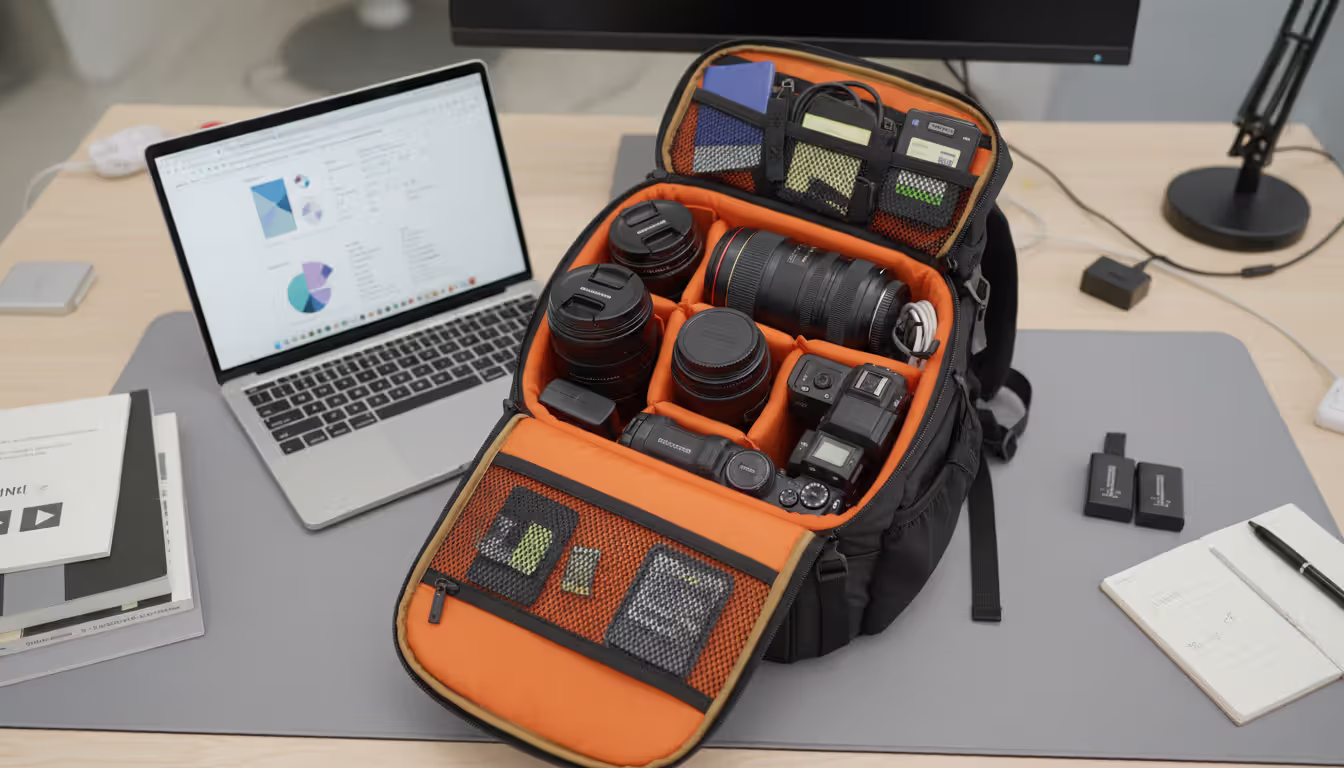 Open photography backpack with neatly organized camera lenses flash and accessories on a desk next to a laptop