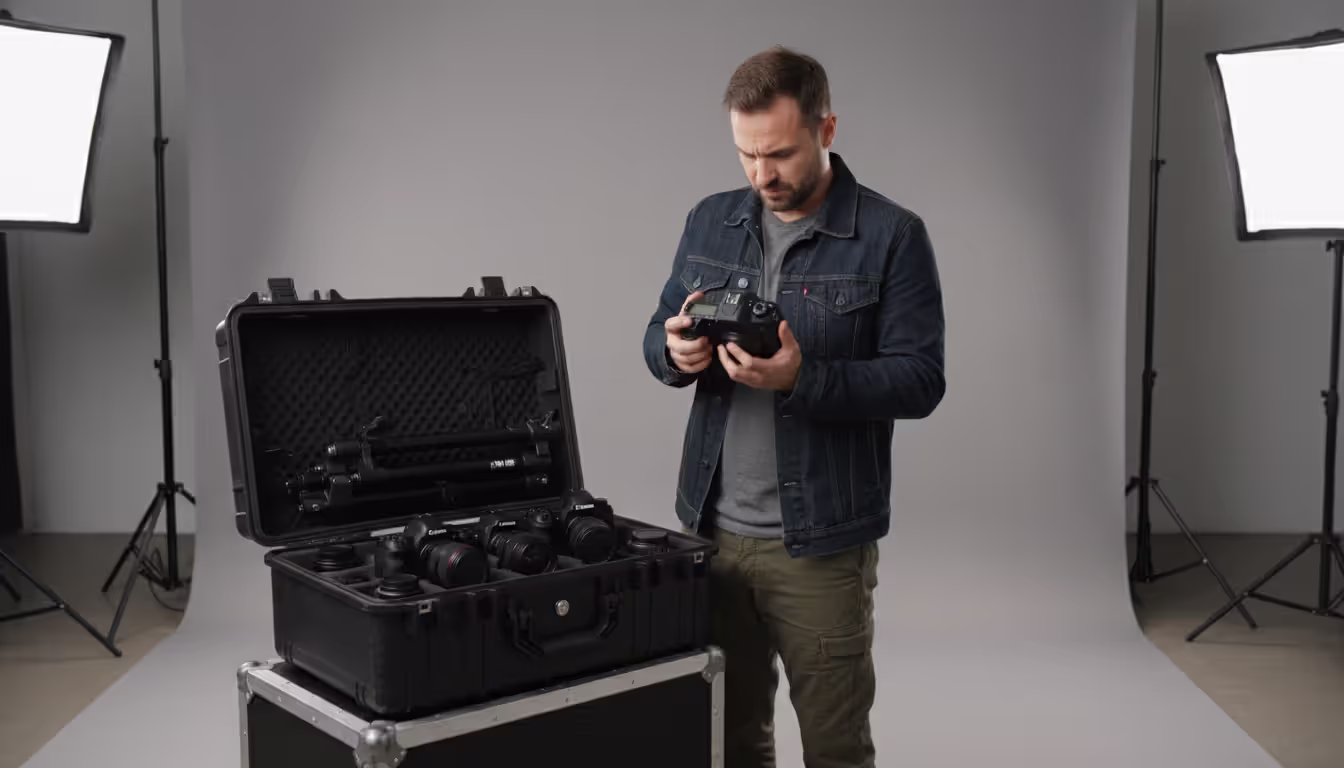Photographer standing next to an open equipment case inspecting a camera body in a neutral studio environment