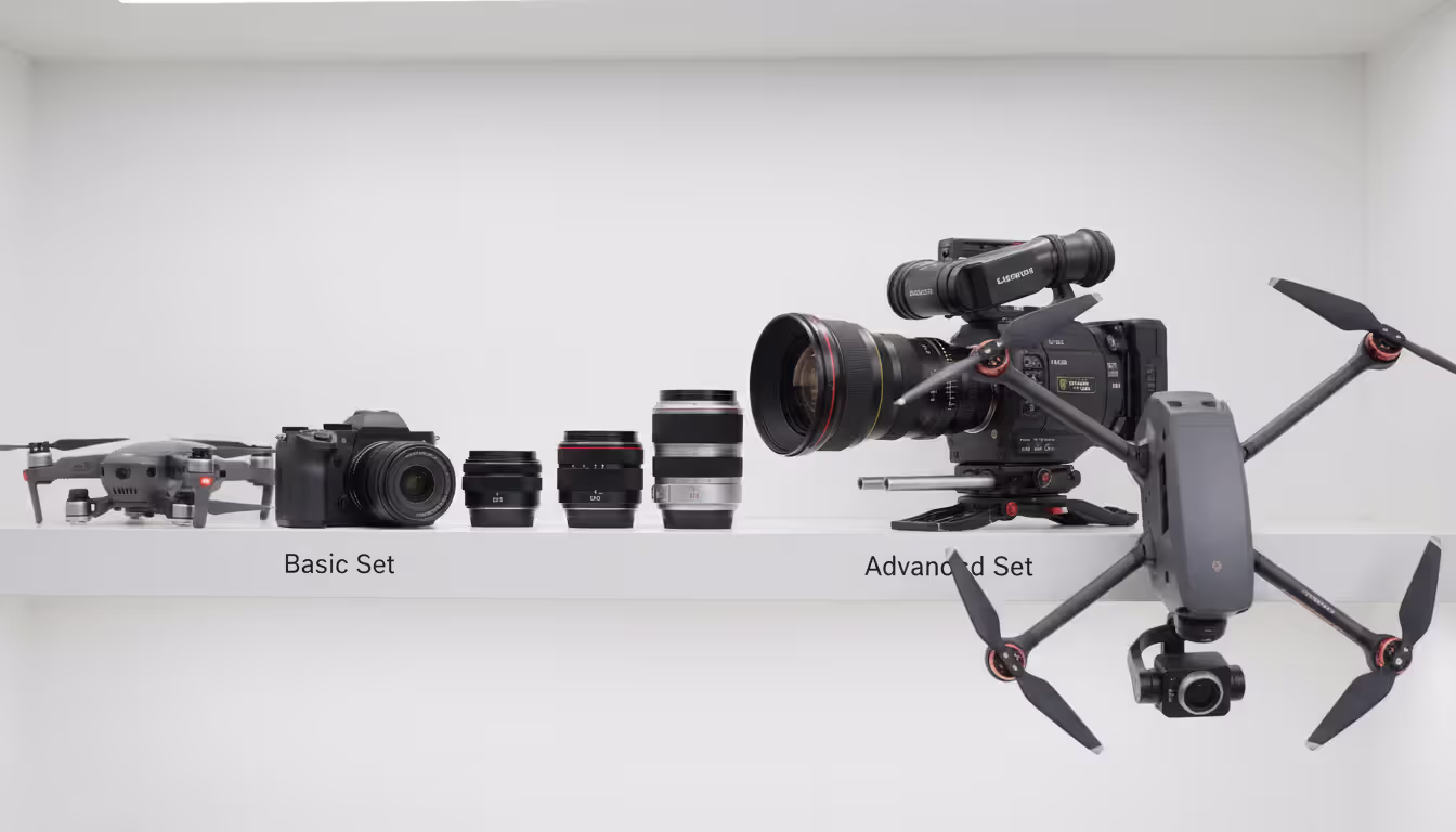Close-up of professional camera lenses, a cinema camera, and a drone arranged on a white studio shelf showing various equipment tiers