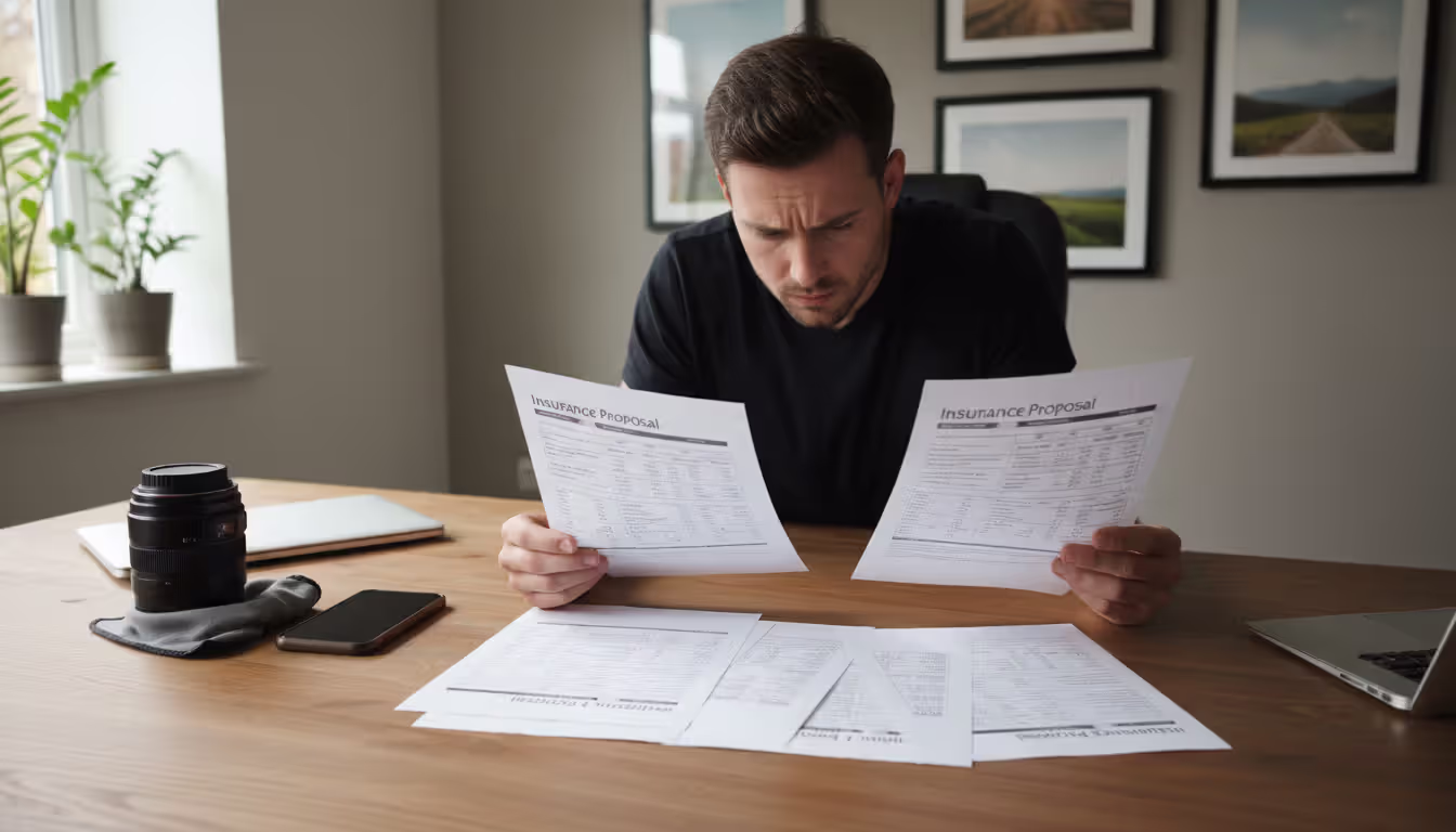 Photographer sitting at a desk comparing several printed insurance quotes with a camera lens and smartphone on the table in a home office