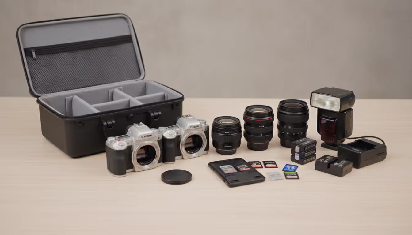 Close-up of professional photography equipment laid out on a table including camera bodies lenses flash units and memory cards next to a protective hard case