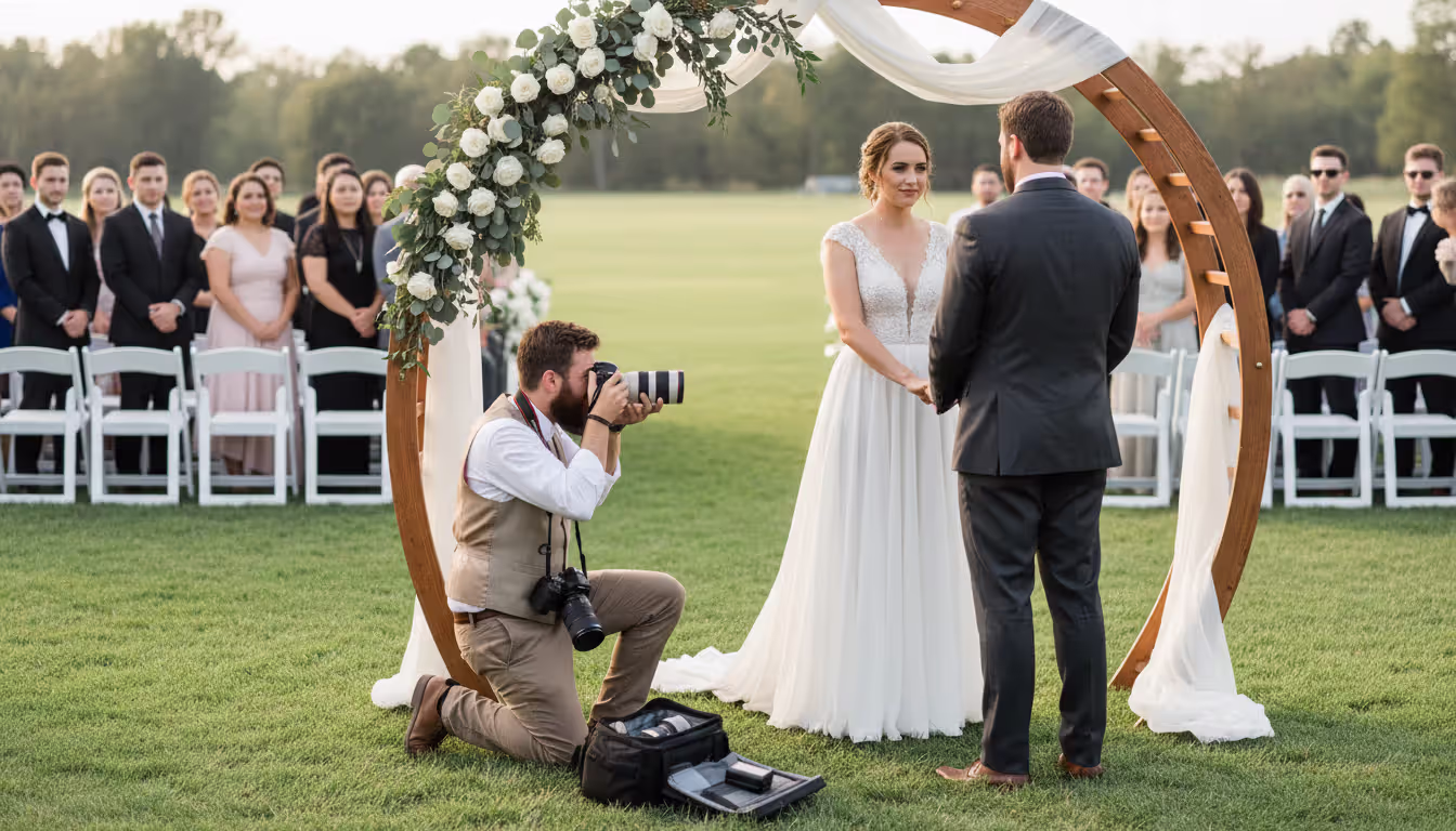 Wedding photographer with backup camera gear capturing an outdoor ceremony with a couple standing under a floral arch and seated guests