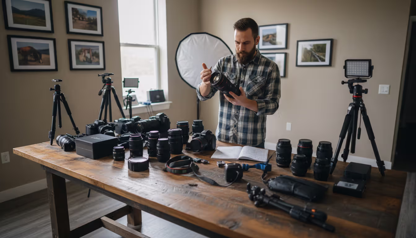 Photographer conducting equipment inventory with cameras lenses tripods hard drives and accessories spread on a large table in a bright room