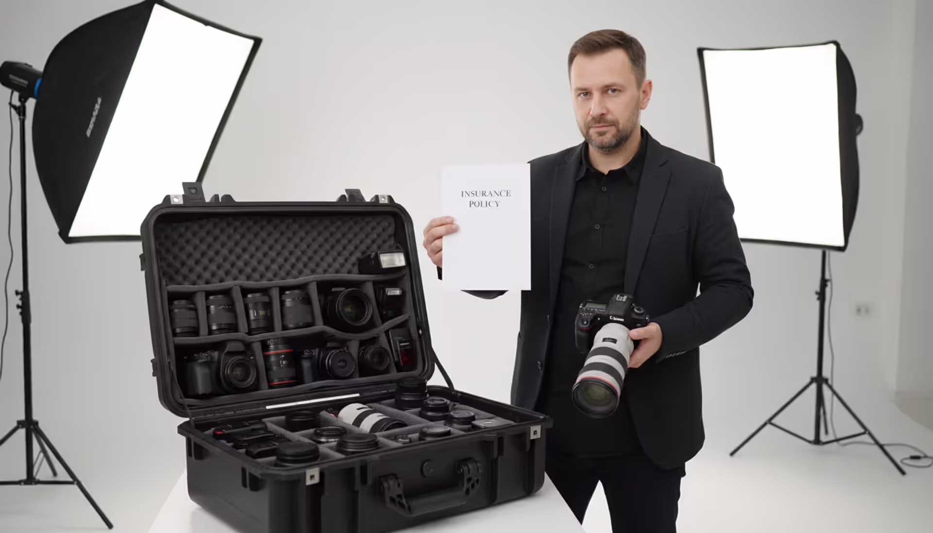 Professional photographer holding an insurance document next to an open equipment case with cameras and lenses in a bright studio