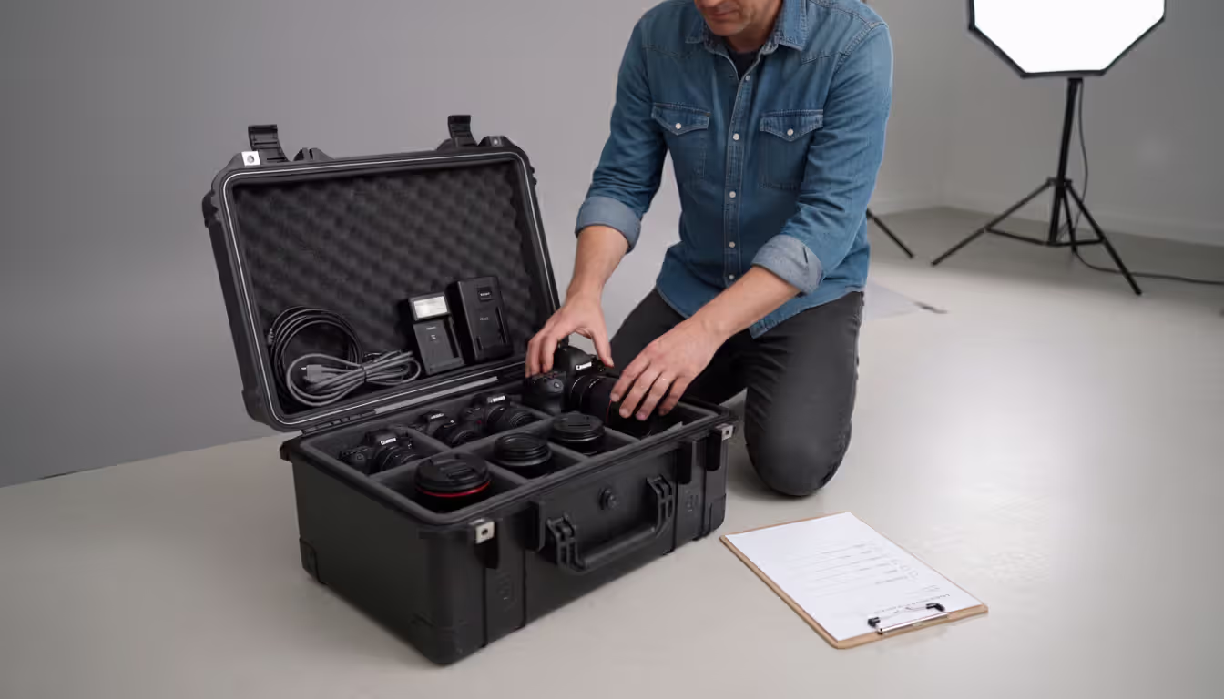 Photographer checking professional gear inside an equipment case with camera, lenses, flash units, and a checklist nearby