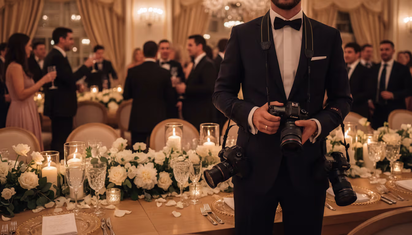 Wedding photographer with two cameras on shoulder straps standing in an elegantly decorated banquet hall during a reception