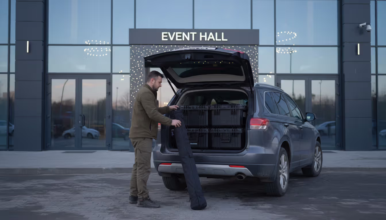 Photographer loading large equipment cases and a tripod bag into the trunk of an SUV parked outside an event venue in the evening light
