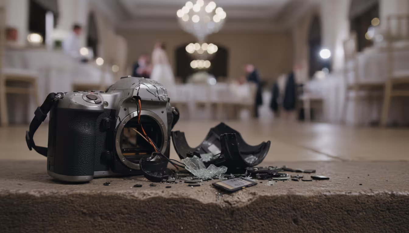 Damaged professional camera and broken lens lying on stone steps inside a wedding venue