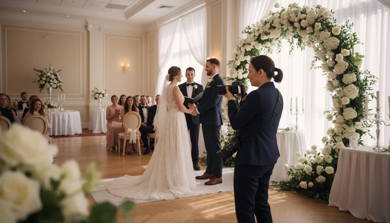 Wedding photographer capturing a ceremony in a decorated banquet hall with guests and floral arches