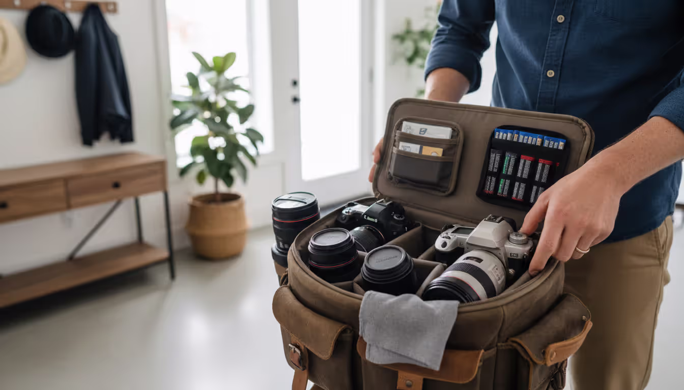 Wedding photographer checking a camera bag with two camera bodies, lenses, flash, batteries, and memory cards before a shoot