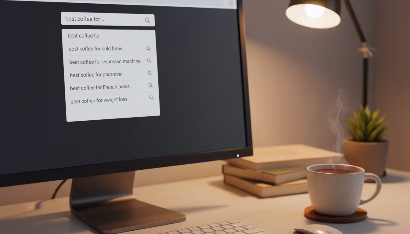Computer screen showing search engine autocomplete dropdown suggestions in a home office setting with a cup of coffee