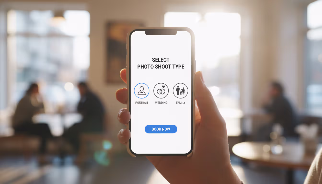 Client holding smartphone displaying photography session booking page with service options and a booking button