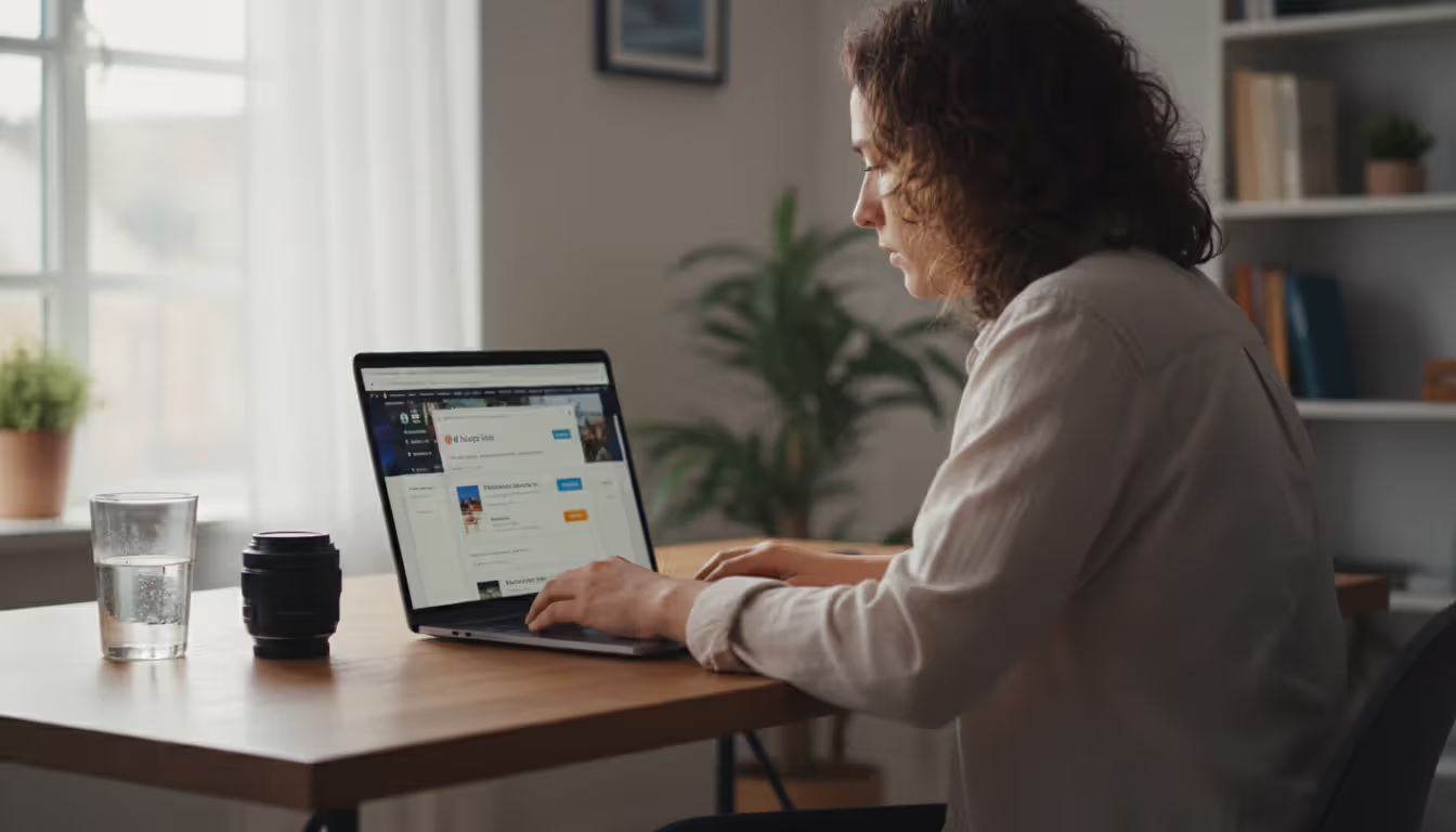 Photographer sitting at desk comparing multiple booking platform websites on laptop with camera equipment nearby in natural daylight