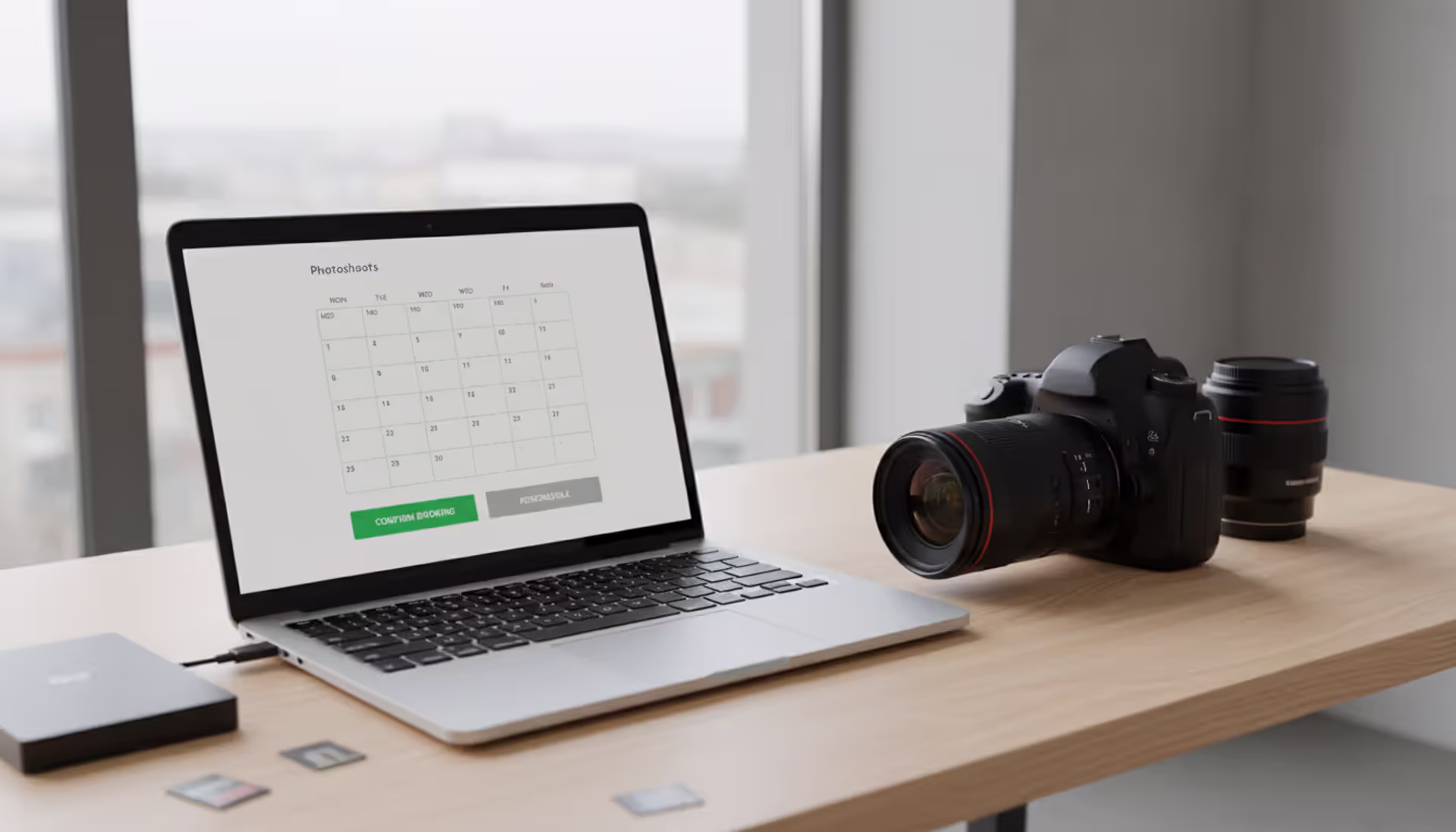 Professional photographer workspace with laptop showing online booking interface next to a camera and lens on a clean modern desk