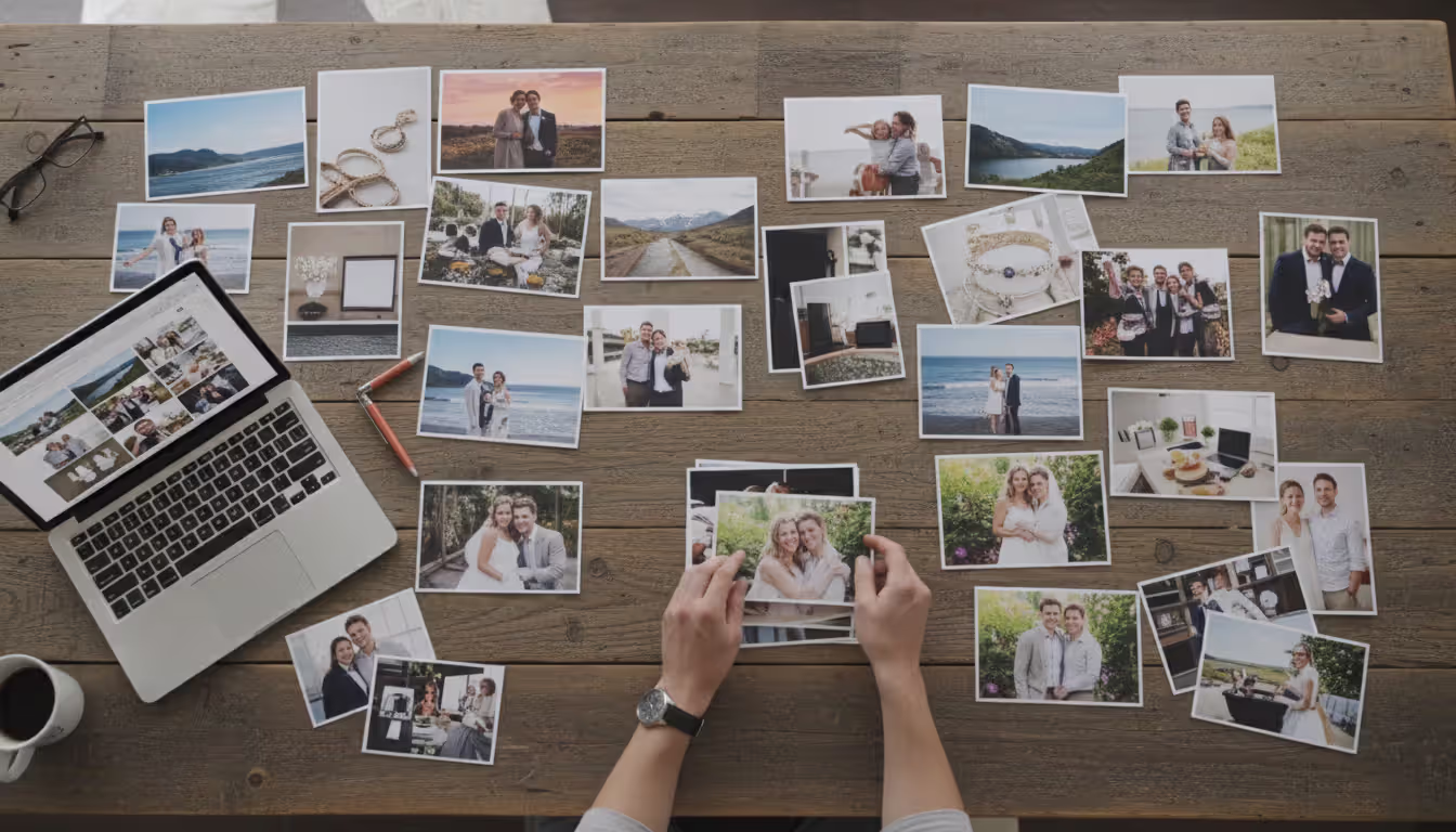 Responsive photography website displayed on smartphone and laptop screens showing wedding portfolio with consistent elegant design