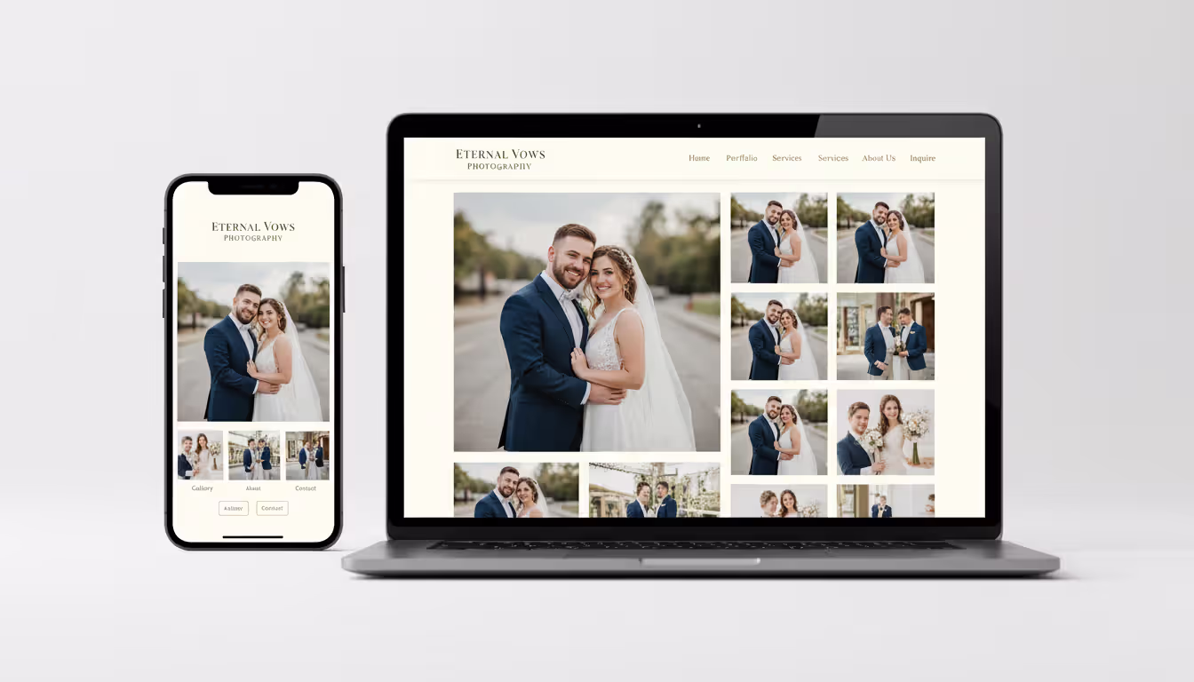 Top-down view of photographer organizing printed photos into categories on large table next to open laptop for portfolio curation
