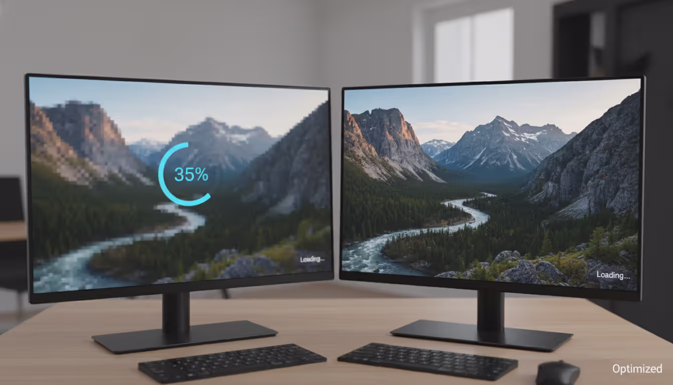 Split screen comparison showing slow-loading unoptimized large photo on left versus fast-loading optimized crisp photo on right