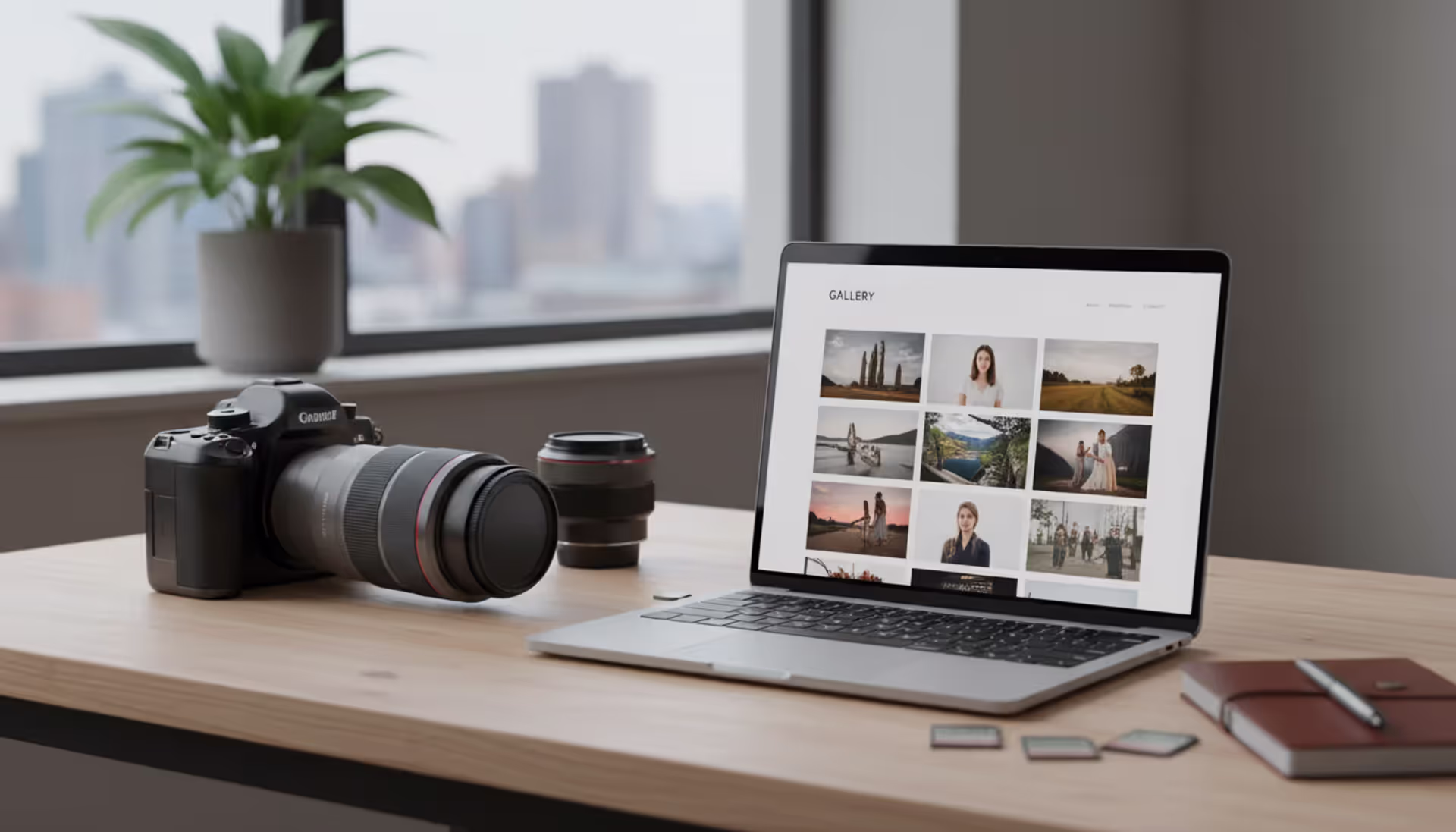 Photographer workspace with laptop showing minimalist photography portfolio website next to professional camera on wooden desk in natural light