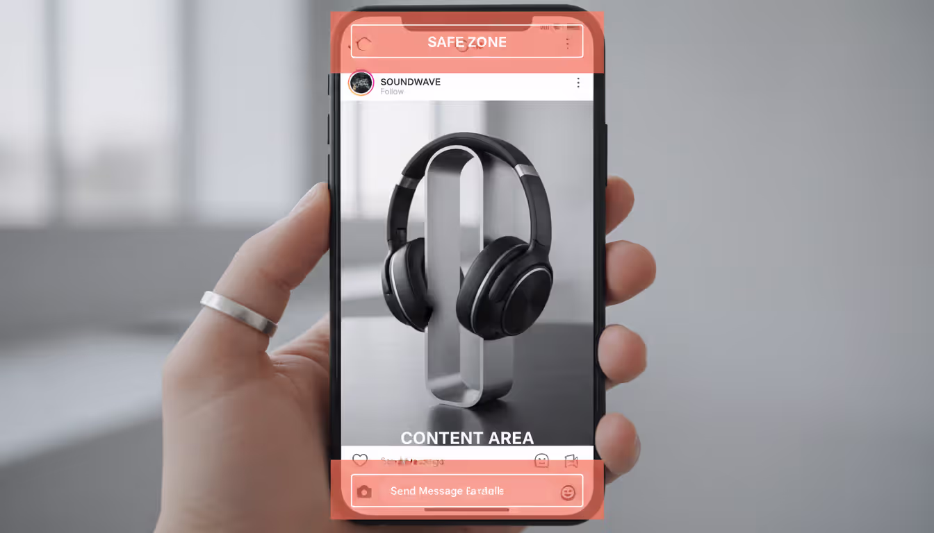 Smartphone screen showing Instagram Stories layout in 9:16 format with highlighted safe zones at top and bottom where interface elements overlap content