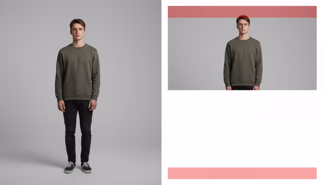 Before and after comparison of a full-length portrait showing original image on the left and Instagram auto-cropped version on the right with head and feet cut off highlighted in red