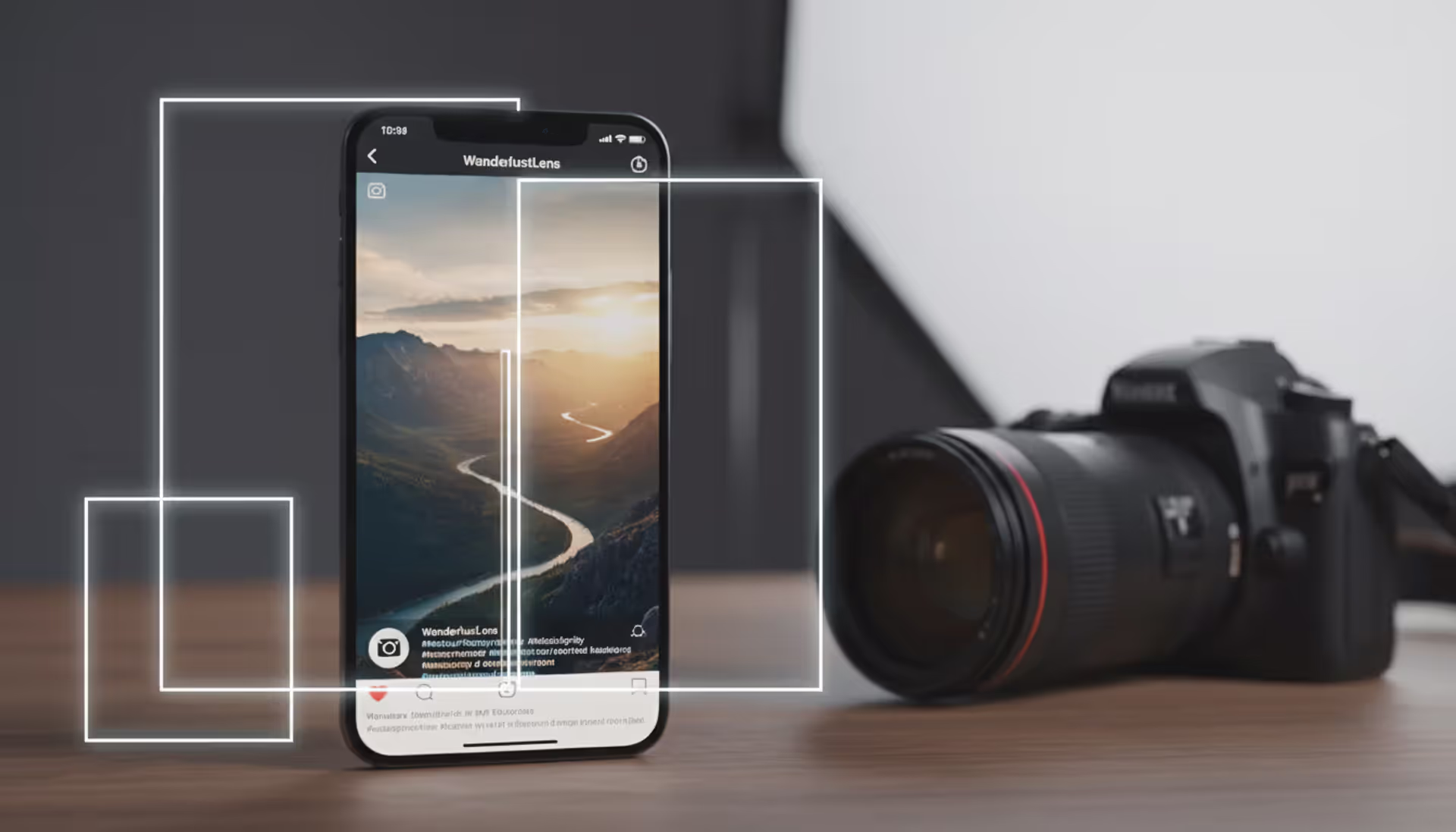 Smartphone displaying Instagram app with a landscape photo next to a professional camera, surrounded by different aspect ratio frame overlays on a desk