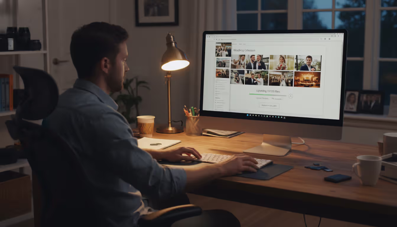 Photographer sitting at a desk uploading a batch of wedding photos to an online gallery platform, monitor showing upload progress bar and photo thumbnails