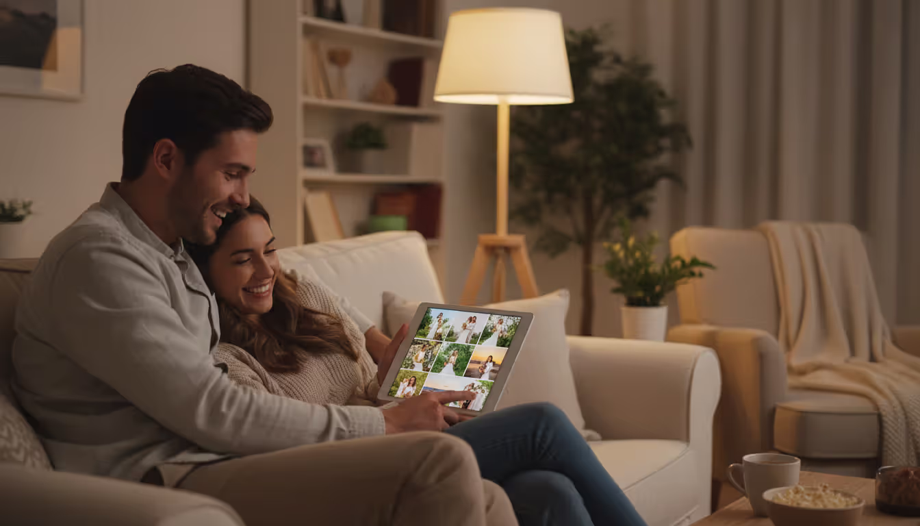 A young couple sitting on a couch in a cozy living room, smiling while browsing their wedding photo gallery on a tablet together
