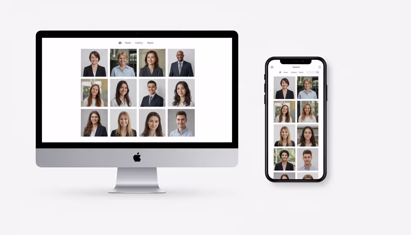 Split-screen comparison showing a photo gallery displayed on a desktop monitor on the left and the same gallery in a responsive mobile layout on a smartphone on the right