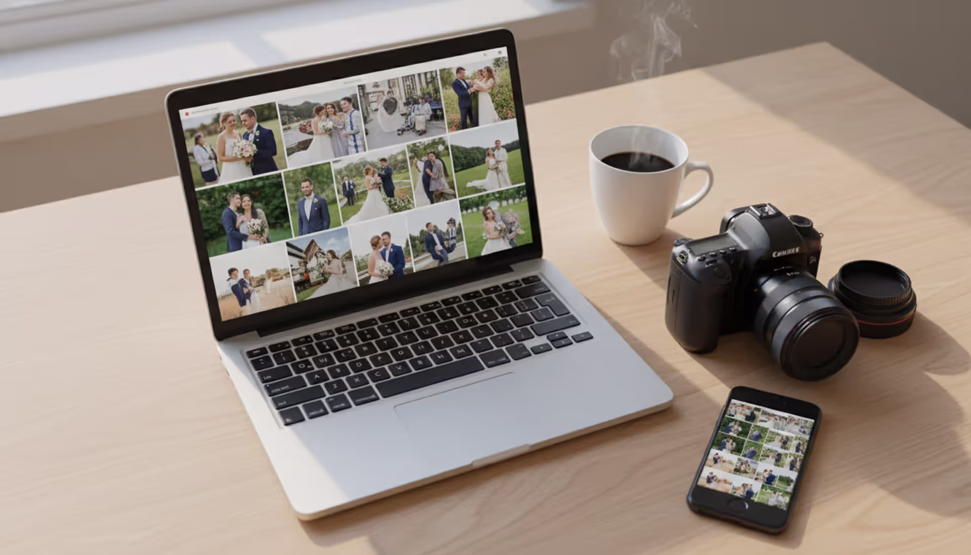 Top-down view of a photographer's workspace with a laptop showing an online photo gallery grid, a professional camera, lens, coffee cup, and a smartphone displaying the same gallery