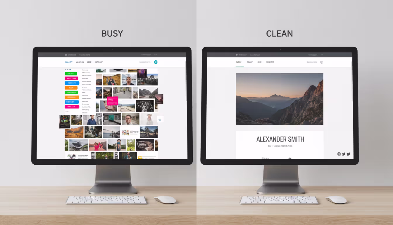 Side by side comparison of cluttered vs clean minimalist photography website design on a monitor screen