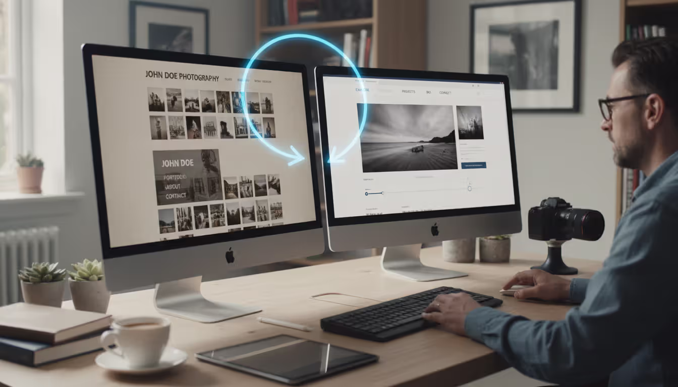 Photographer working at a desk with two monitors showing old website on one screen and new website being built on the other during portfolio migration