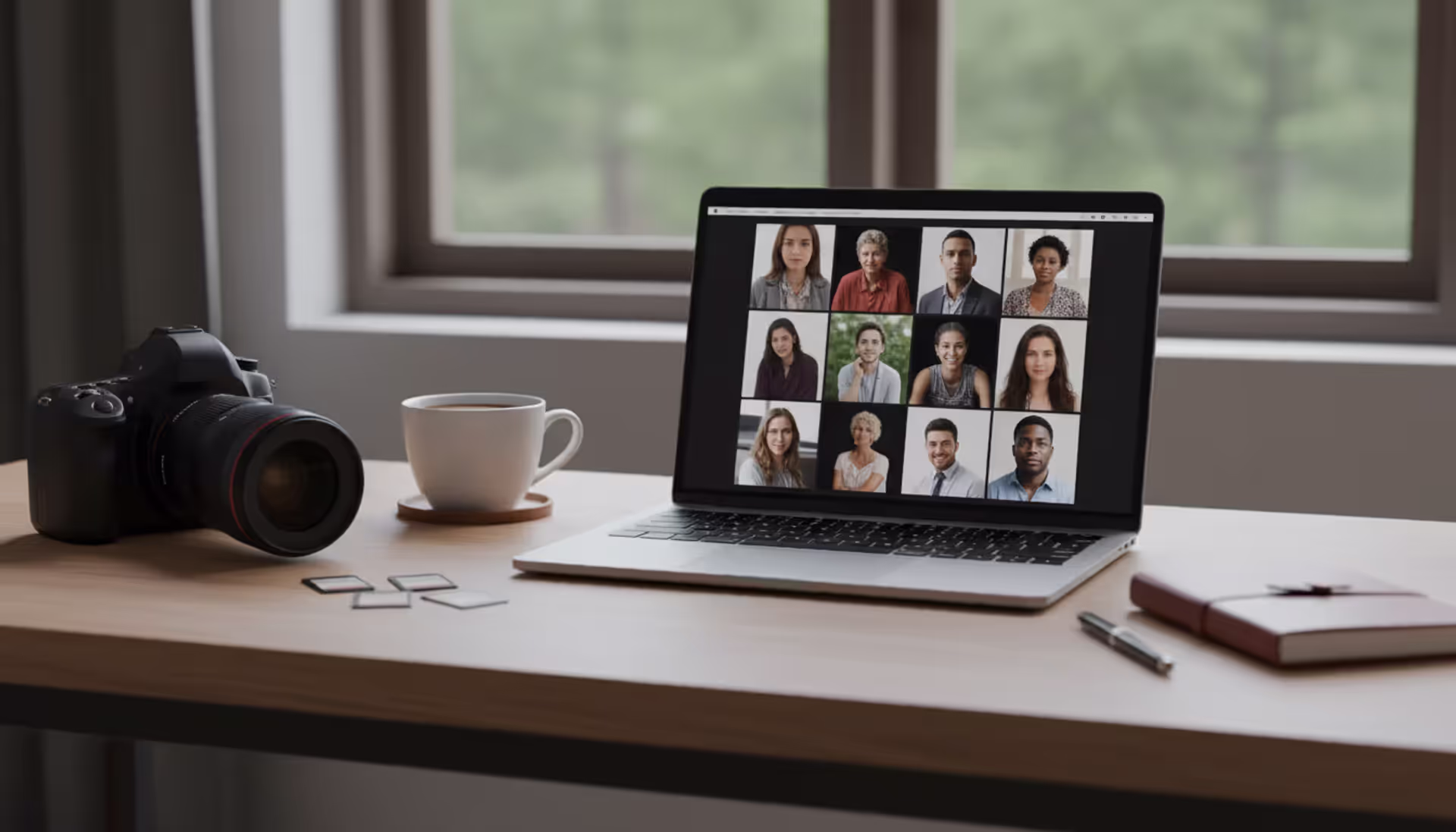 Professional photographer workspace with laptop showing photography portfolio website, camera and coffee on a minimalist desk in natural light