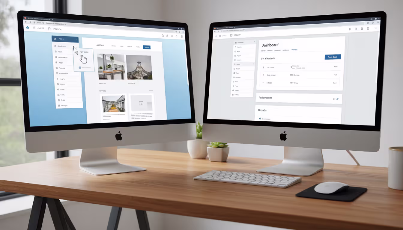 Side-by-side comparison of drag-and-drop website builder interface and CMS dashboard on two monitors showing different template editing approaches