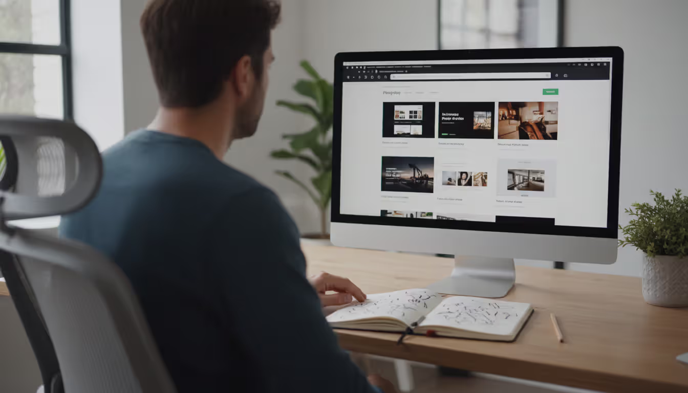 Photographer sitting at desk comparing multiple photography website templates in browser tabs on computer screen in modern home office