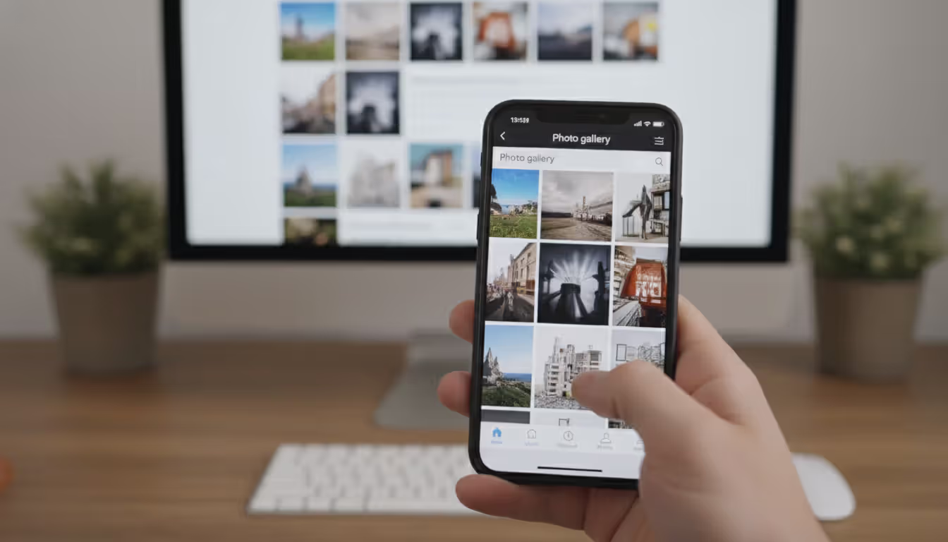 Hand holding smartphone displaying photography website gallery with touch navigation, desktop monitor with same website blurred in background