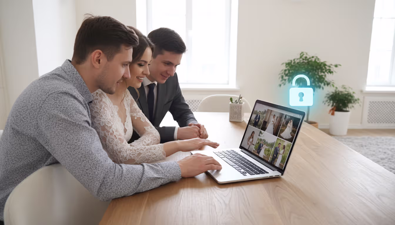 Photographer showing a wedding couple a password-protected photo gallery on a laptop screen with a lock icon visible