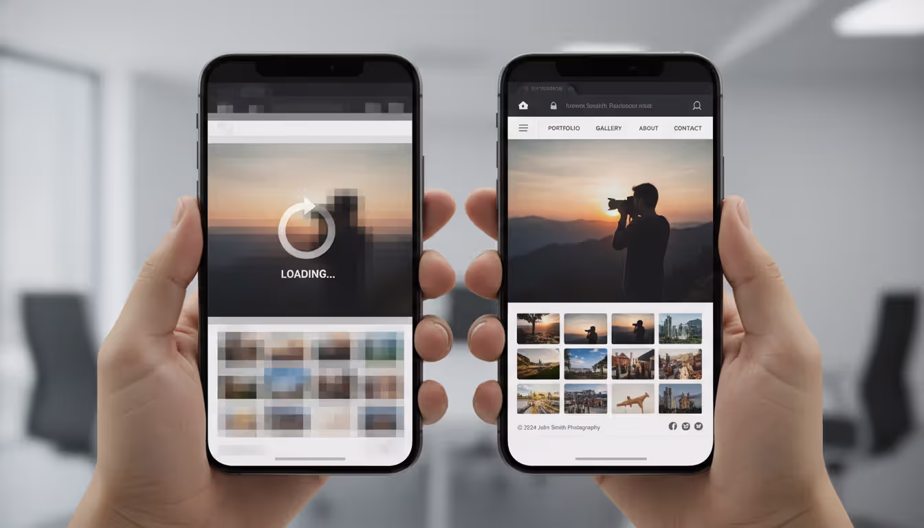 Two smartphone screens comparing slow loading photography website versus fast optimized website with clear portfolio images