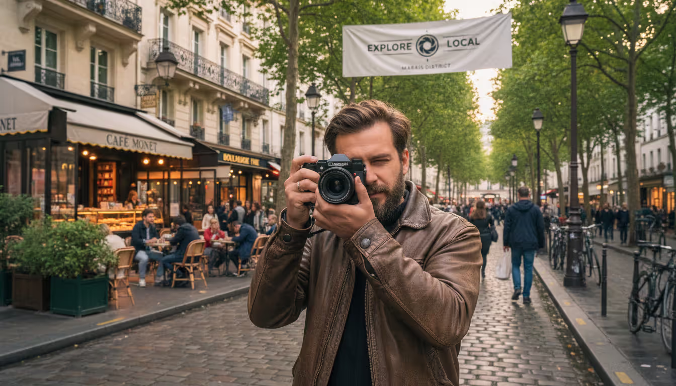 Professional photographer with camera standing on a charming city street representing local photography business